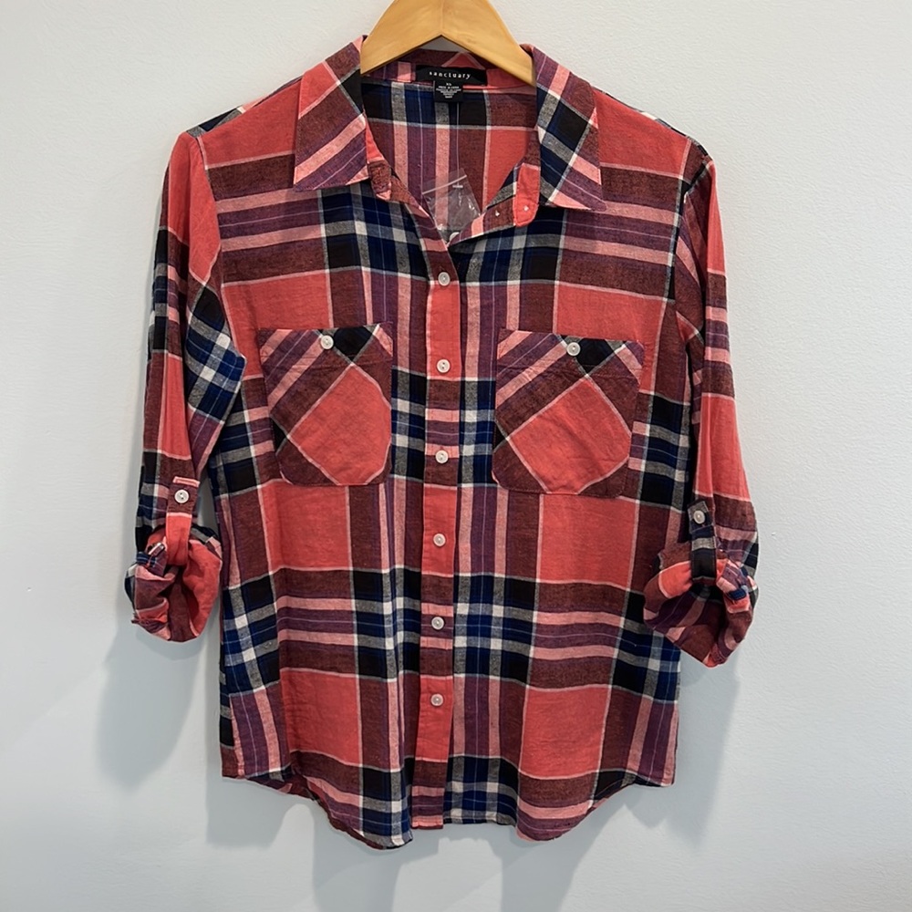 Sanctuary Button Down Blouse Pink Navy Plaid Tomboy Top Linen Blend X-Small NWOT